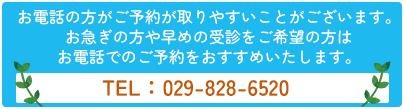 お電話の方がご予約が取りやすいことがございます。お急ぎの方や早めの受診をご希望の方はお電話でのご予約をおすすめいたします。TEL：029-828-6520